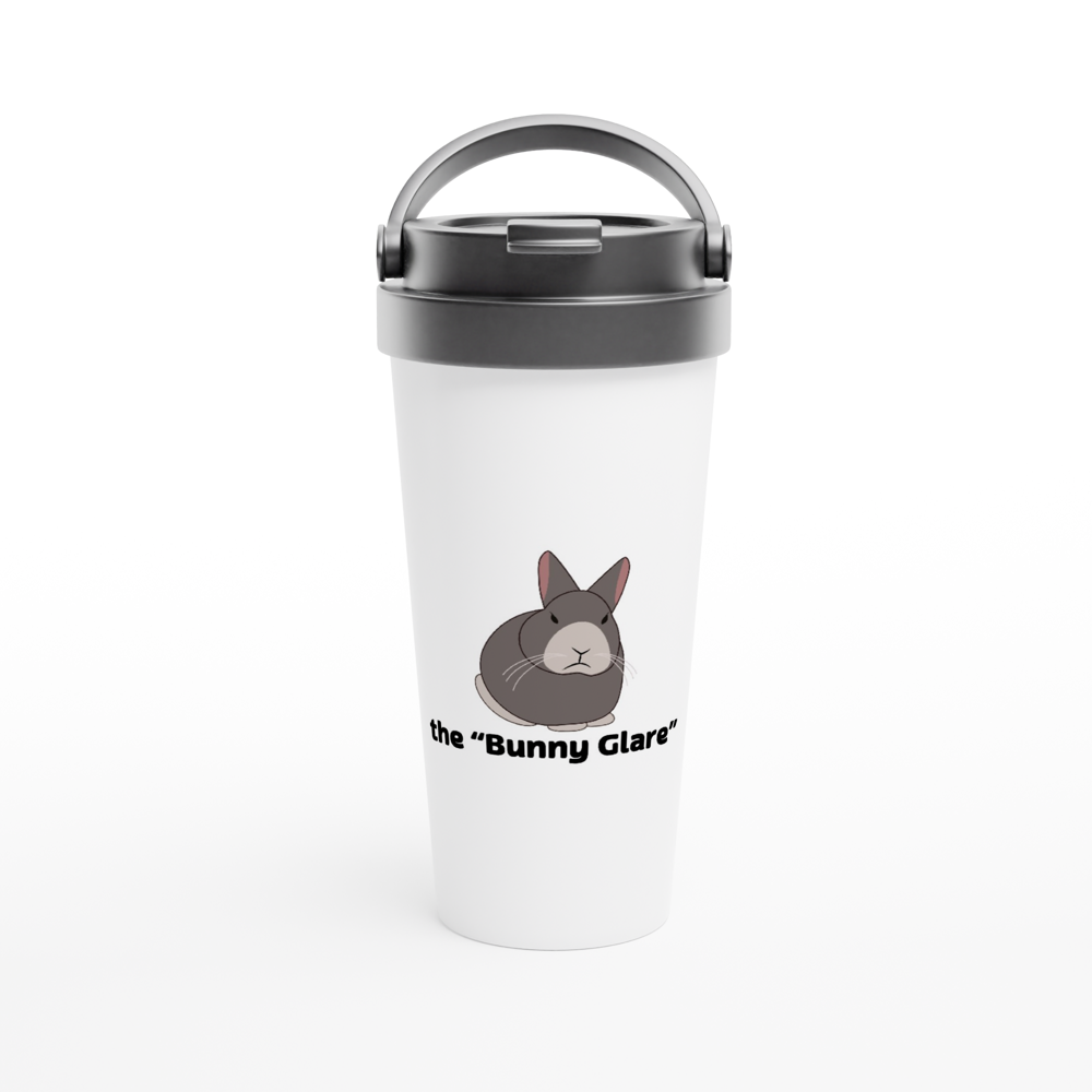 White 15oz Stainless Steel Travel Mug the bunny glare